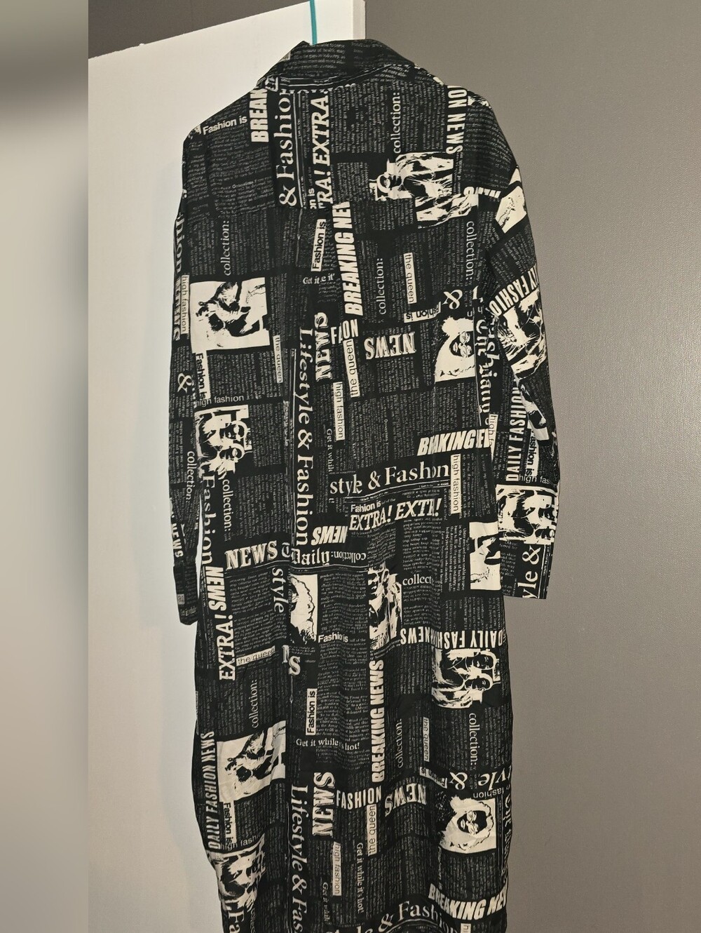 Black & Cream Newspaper Print Long Coat